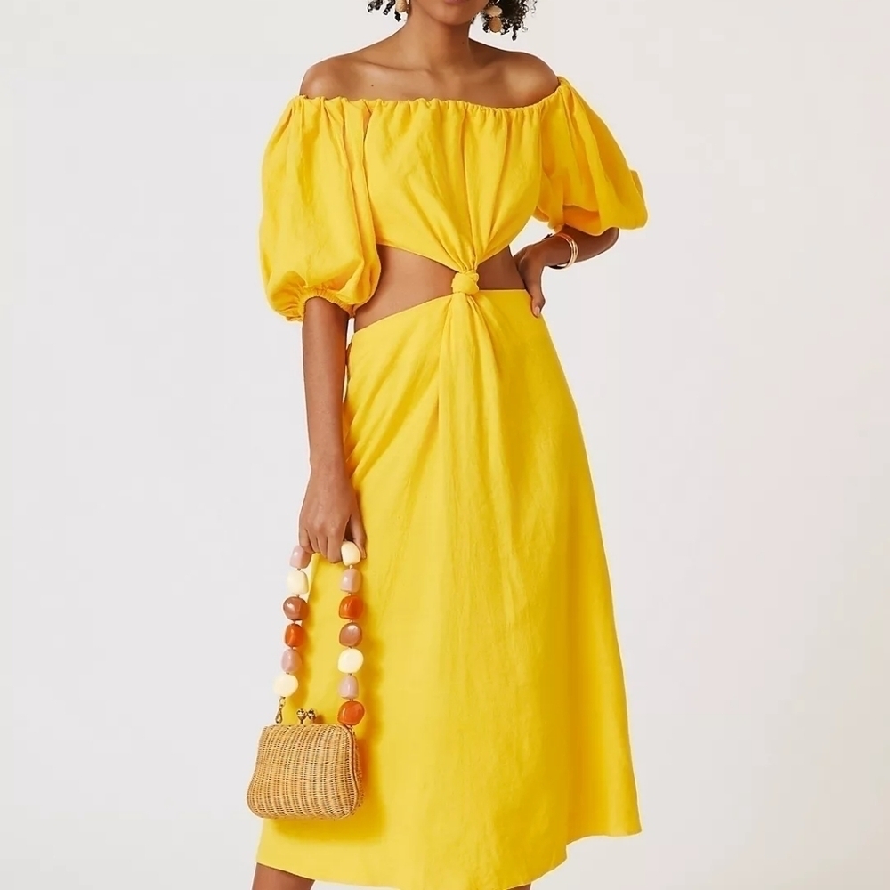 Farm Rio Puff Sleeve Knotted Maxi off Shoulder Cut Out Dress M NWOT Boho Summer